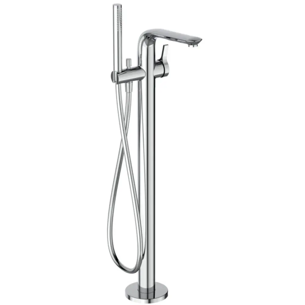 Freistehende Wannenarmatur von Ideal Standard, mit seitlichem Handbrauseanschluss und schlankem, verchromtem Design. Ideal für moderne Badezimmerlösungen.